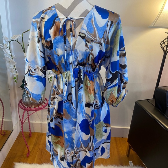 Blue Multi Satin Abstract V Neck Dress - Picture 3 of 4